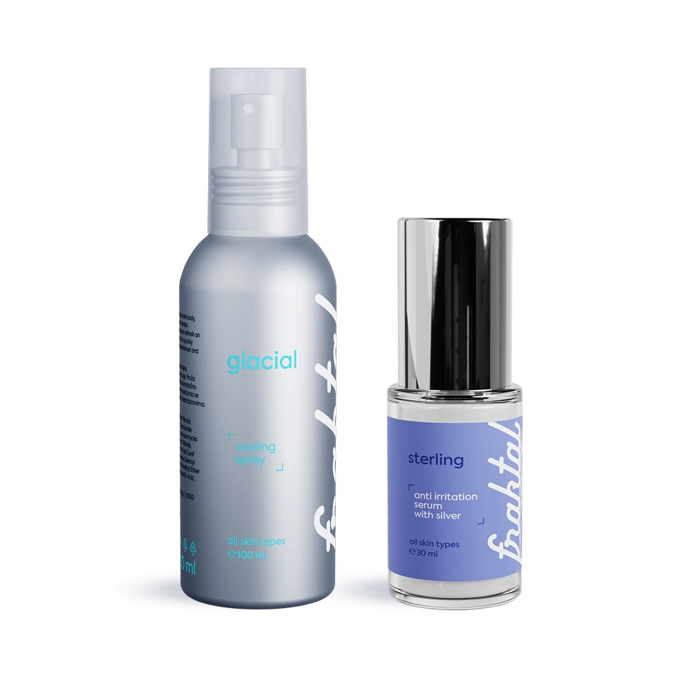 Zaštitni serum protiv zagađenja kože, u elegantnoj bočici s pumpicom i minimalnim dizajnom i rashlađujući sprej za trenutno olakšanje i osvježenje kože u bočici s raspršivačem